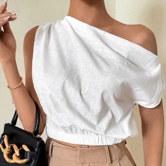 06 Solid Linen One Shoulder Oversized Crop Top - Picture 2 of 4